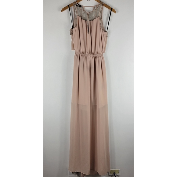 Bebe Beaded Mesh Chain Detail Open Back Sleeveless Blouson Maxi Dress - Picture 1 of 11